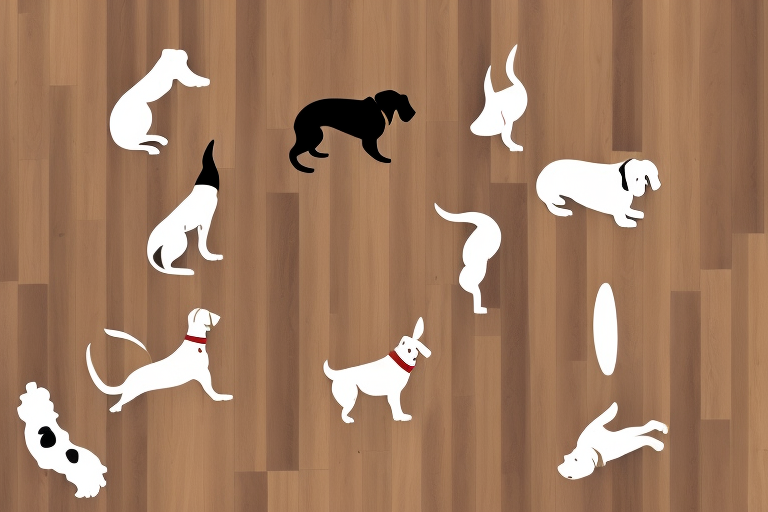 A few different types of wood flooring with a variety of dogs happily playing or lounging on them