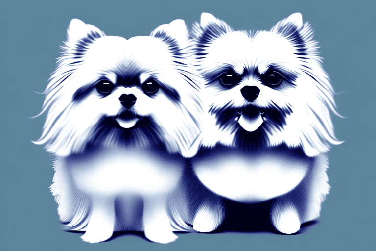 A pomeranian dog and a maltese dog together