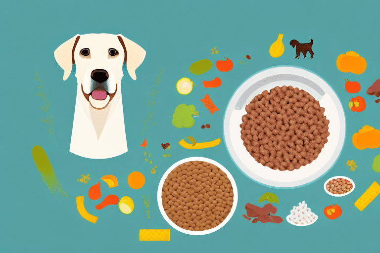 A labrador retriever happily eating from a bowl filled with high-quality dog food