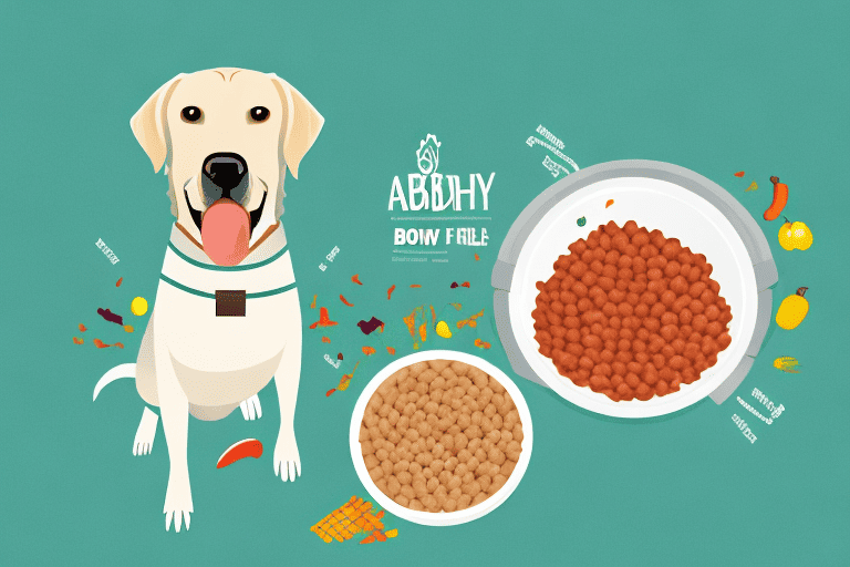 A healthy labrador retriever happily eating from a bowl filled with nutritious dog food