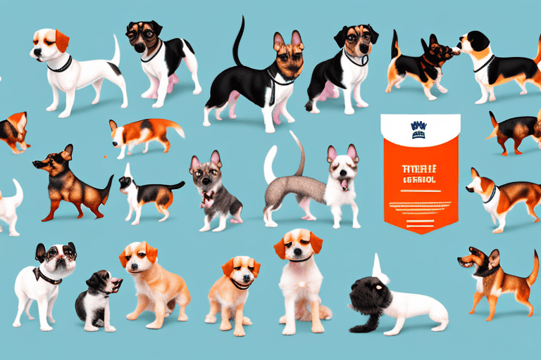 Several small dog breeds eagerly gathered around different types of high-quality dog food