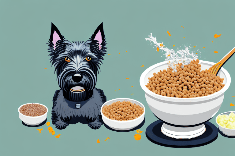 A scottish terrier happily eating from a bowl filled with premium dog food