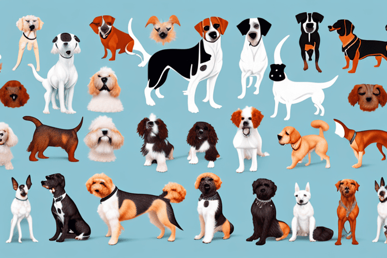 Several different dog breeds with a noticeable emphasis on a small