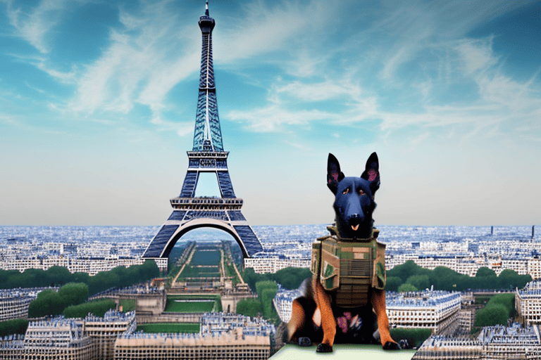 A belgian malinois dog with a harness and tactical gear