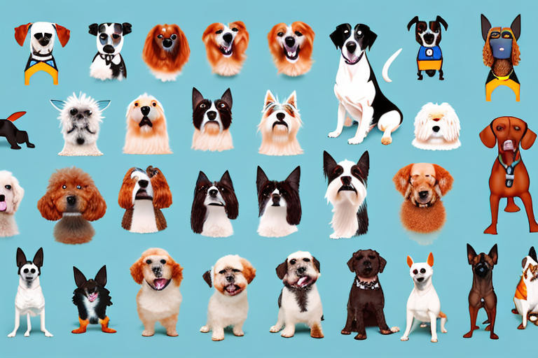 Various popular dog breeds in a playful and friendly setting