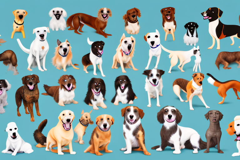 Several different types of mixed breed dogs in a playful setting