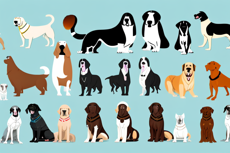 A diverse group of large dog breeds in various poses