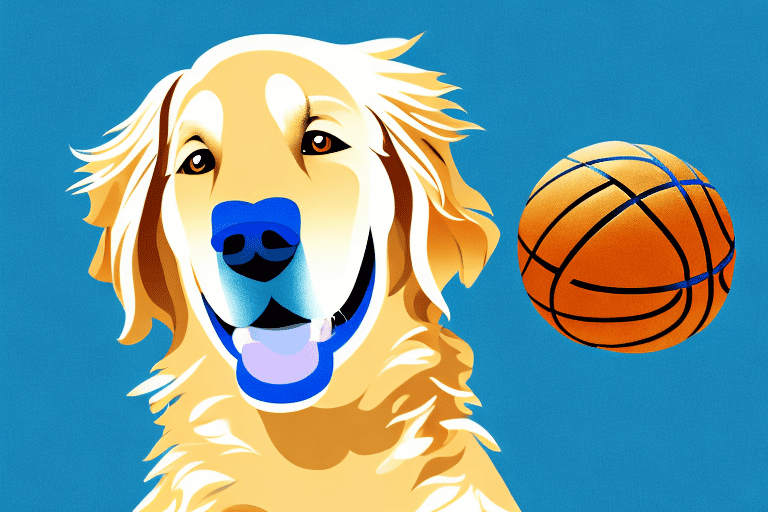 A golden retriever playing basketball