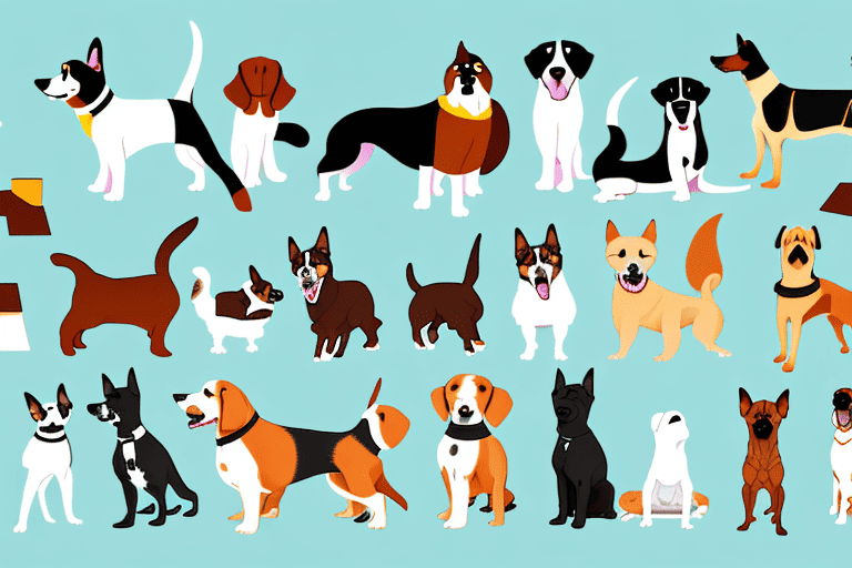 Various types of dogs interacting in a home environment