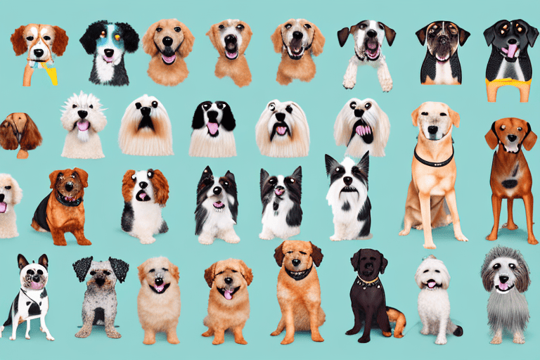 A variety of dog breeds surrounding a bowl of cesar pet food