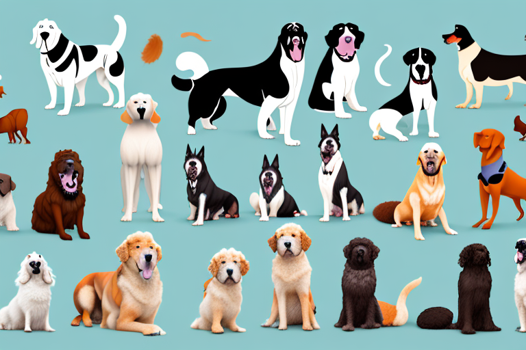 Several large dog breeds in various poses