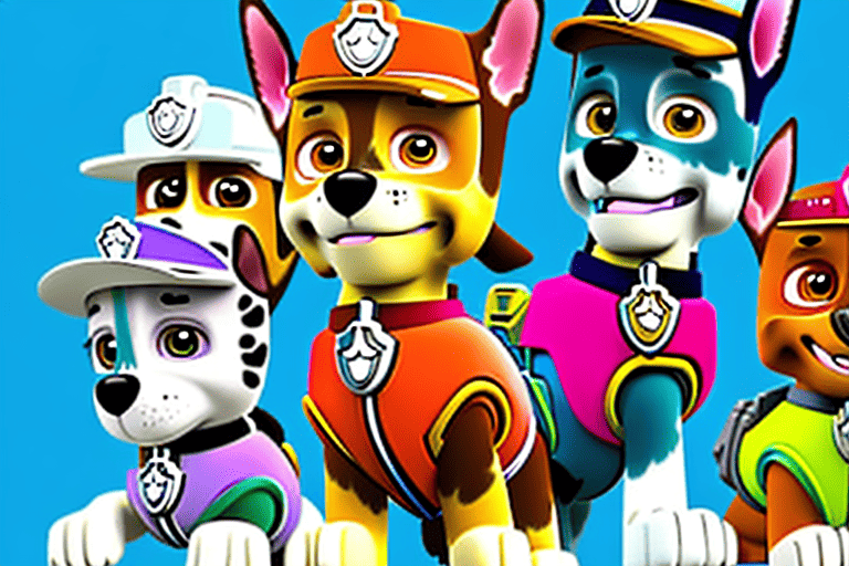 Each paw patrol character as their respective dog breed