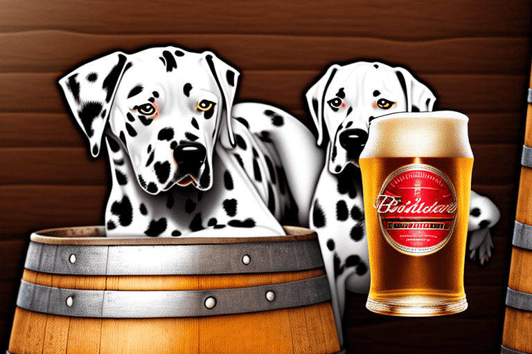 A dalmatian dog happily sitting next to a wooden beer barrel