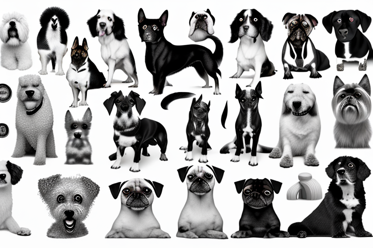 Various types of dogs in black and white