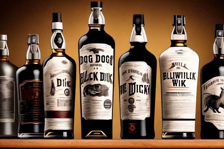 Several distinct bottles of black dog whiskey