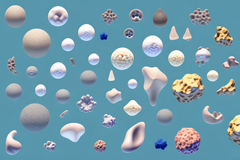 Several different types of bladder stones in a comparative size chart