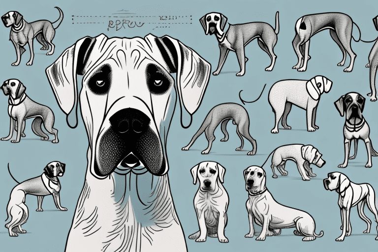 Several different breeds of dogs in varying sizes with an emphasis on the great dane