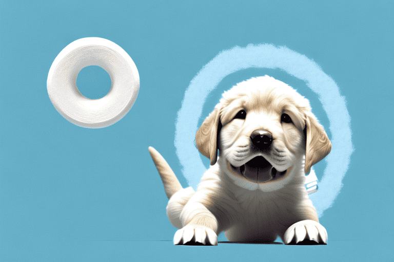 A cute and fluffy labrador retriever puppy (the breed of the cottonelle puppy) playing with a roll of white toilet paper