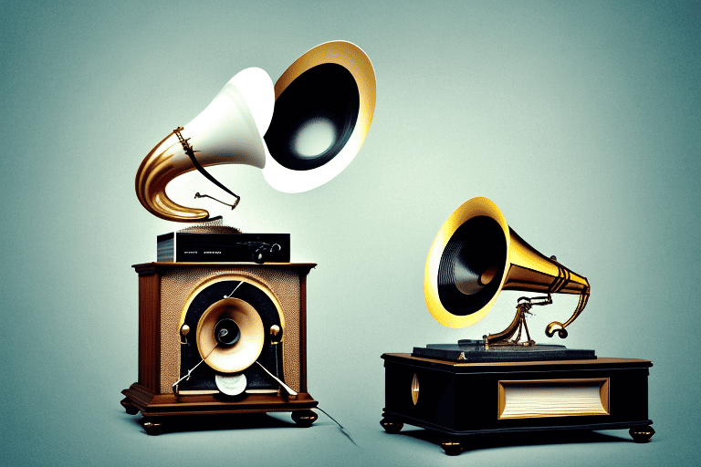 A vintage gramophone with a curious dog