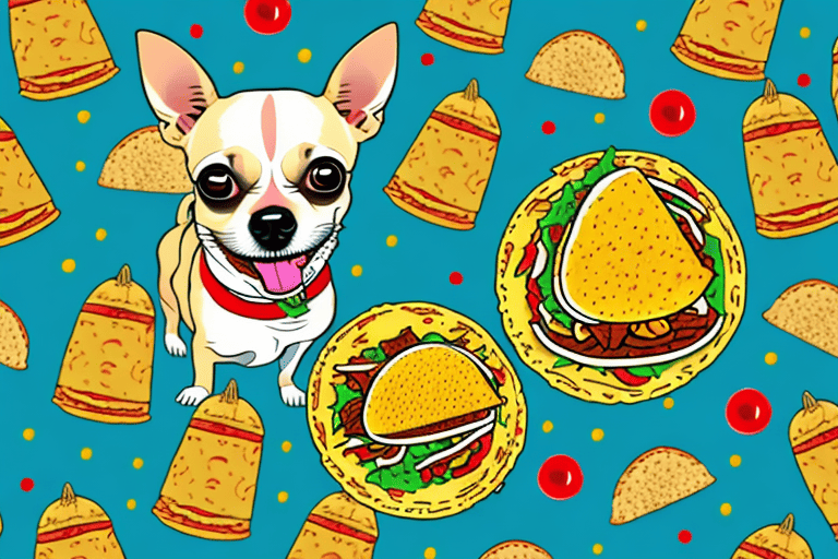 A chihuahua dog holding a taco in its mouth