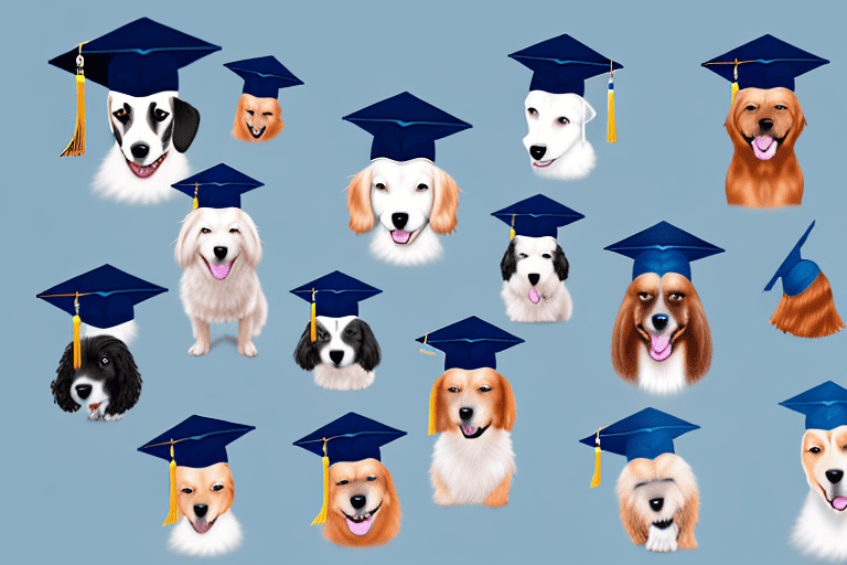 Several different breeds of dogs wearing graduation caps