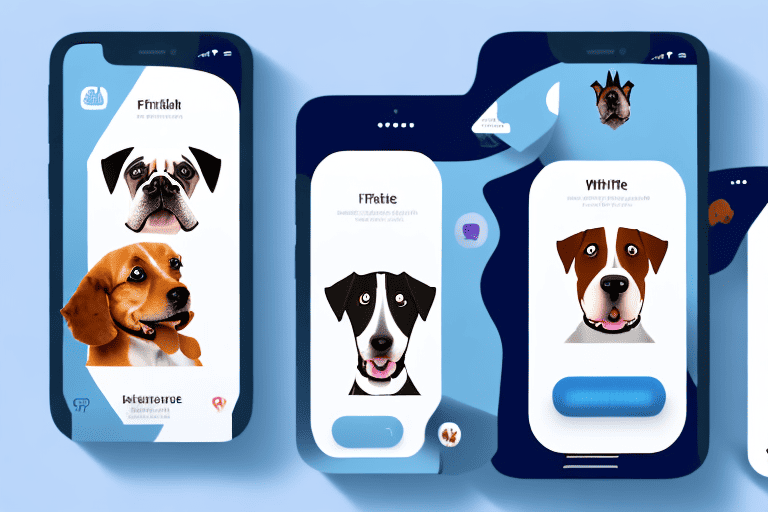 A variety of different dog breeds with a smartphone displaying an app interface in the foreground