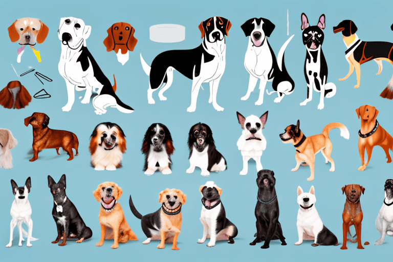 A variety of different dog breeds in a playful setting