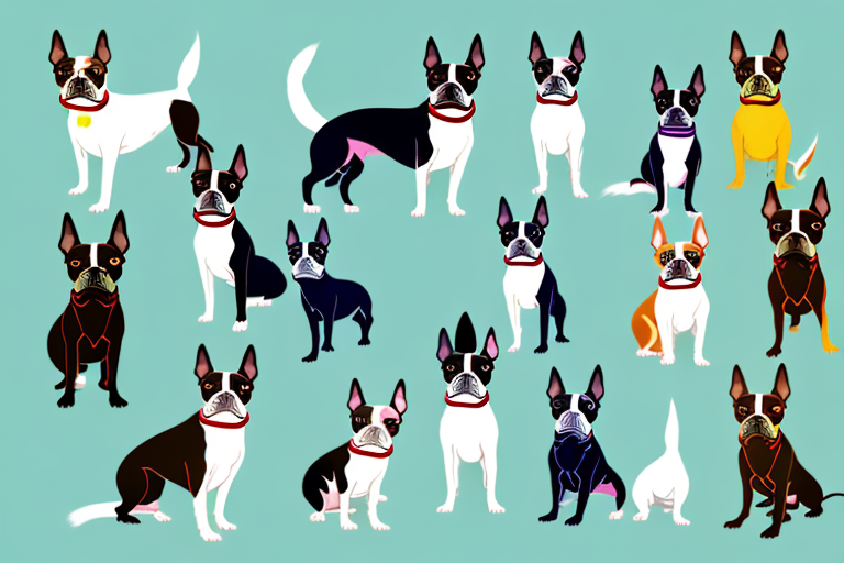 Several diverse boston terrier dogs showcasing their different colors