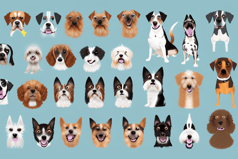 A variety of different dog breeds in a playful setting