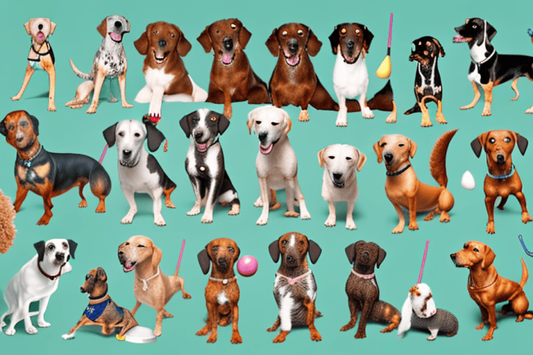 A variety of different dog breeds engaging in various activities that represent their unique characteristics