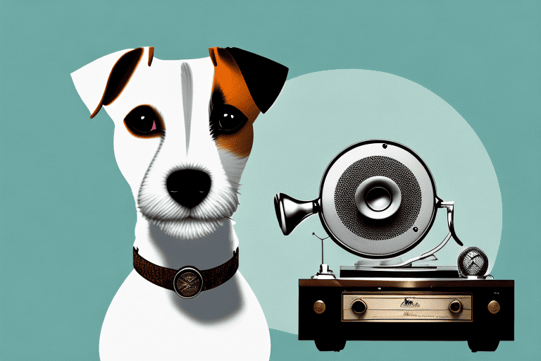 A jack russell terrier dog attentively listening to a vintage gramophone