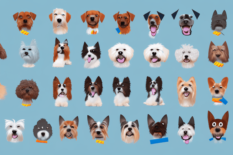 A variety of different dog breeds in various playful poses