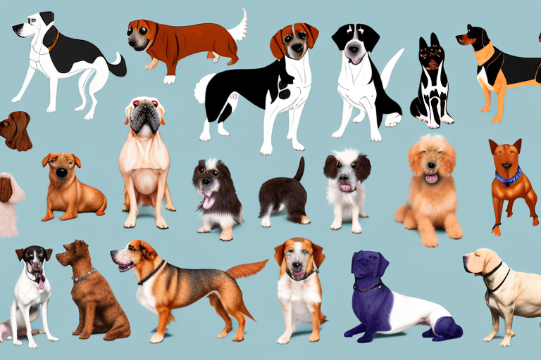 Various british dog breeds in a scenic landscape of the uk