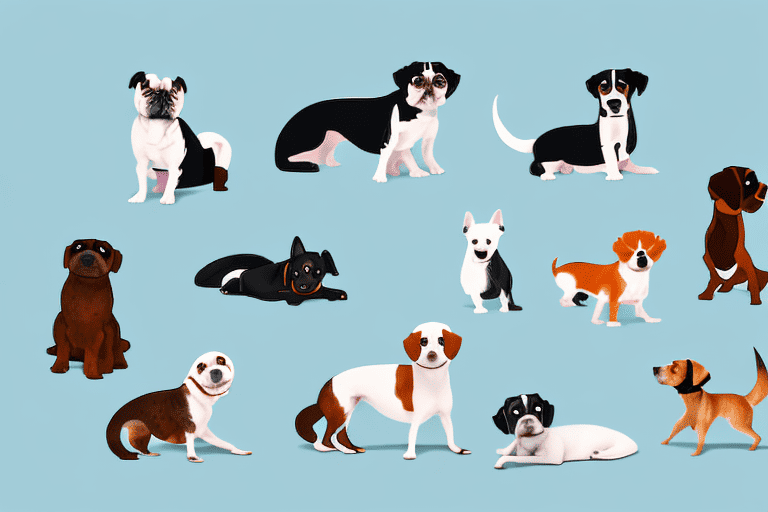 Several different types of small to medium sized dogs happily lounging around in a stylish