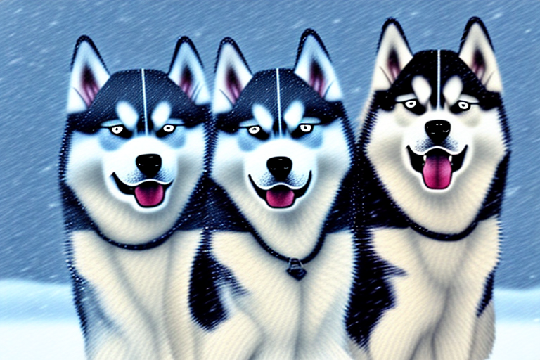 Several different breeds of husky type dogs