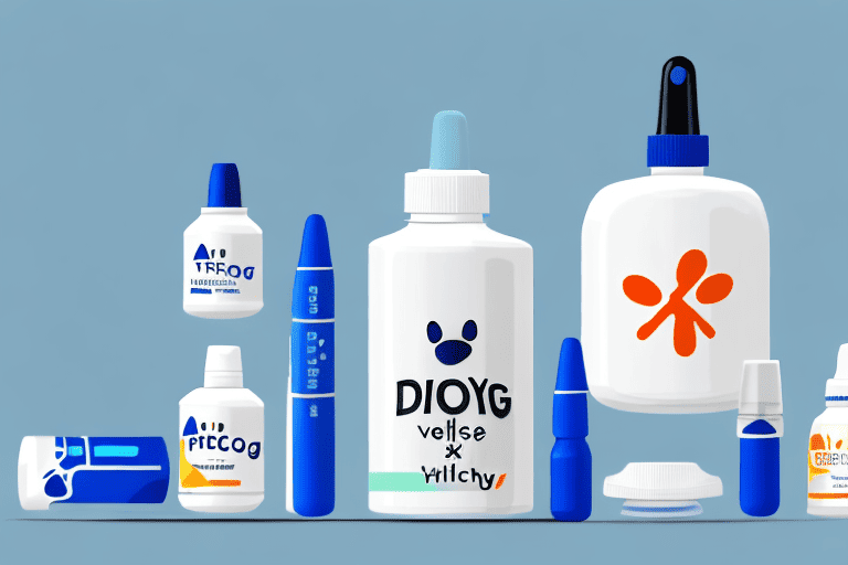 A friendly-looking dog sitting next to a variety of eye drop bottles