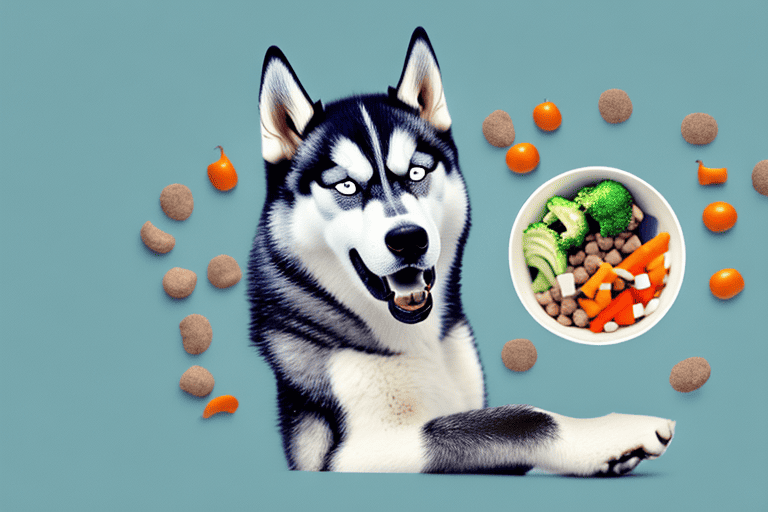 A husky dog happily eating from a bowl filled with a balanced diet of meat