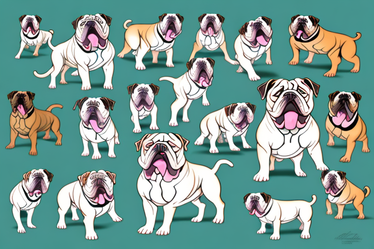 Several distinct types of bulldog breeds in various playful poses