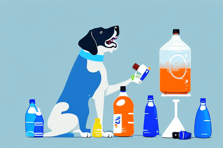 A curious dog sniffing a variety of gatorade bottles on a table