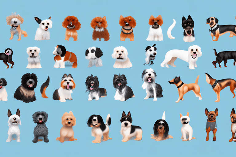 A variety of miniature dog breeds with visible dna strands to represent their genetic makeup