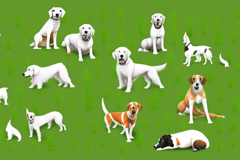 Several different types of grass with a variety of dogs happily grazing on them