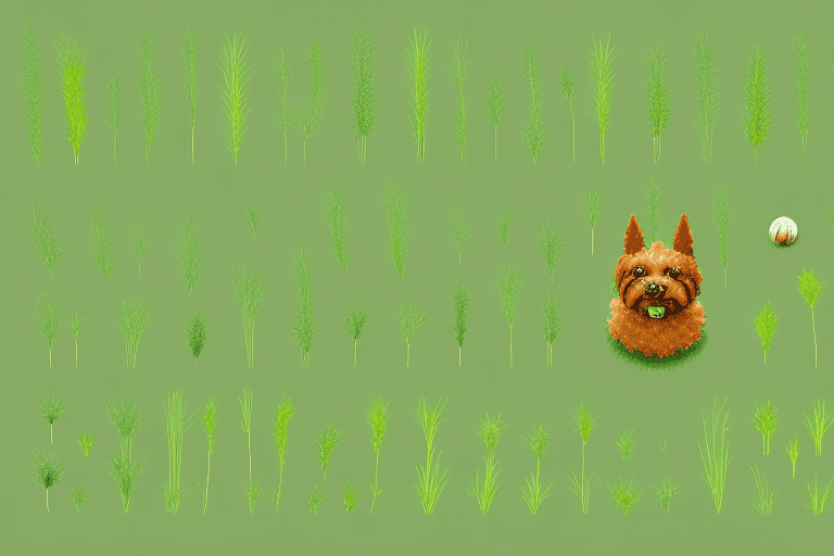 A variety of grass types with a dog playfully urinating on one