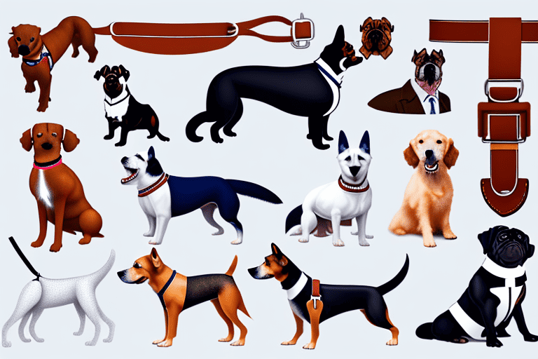 Several different types of dog harnesses on various breeds of dogs