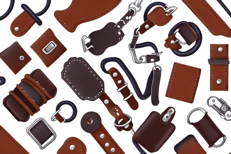 Several different types of leather materials with various dog accessories like collars