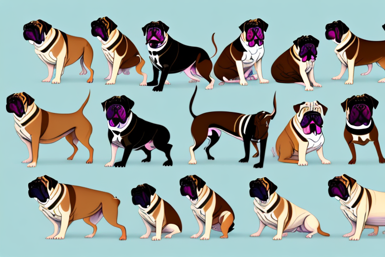 A variety of bullmastiff type dogs in different poses