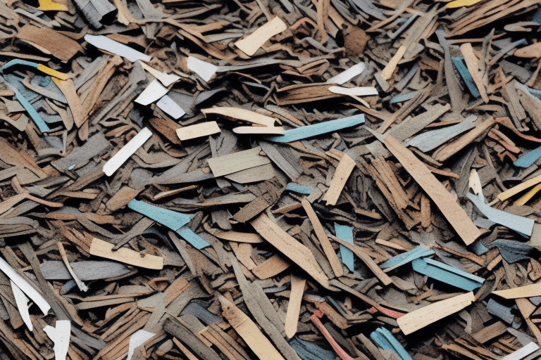 Several different types of mulch spread out on the ground with a playful dog sniffing around them