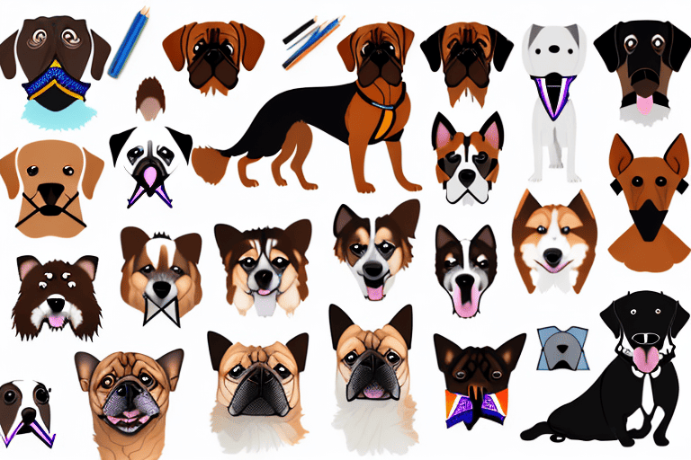 Several different types of muzzles displayed on a variety of dog breeds