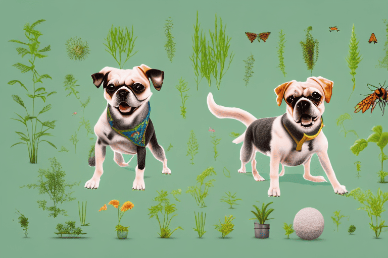 A dog surrounded by various types of organisms such as plants