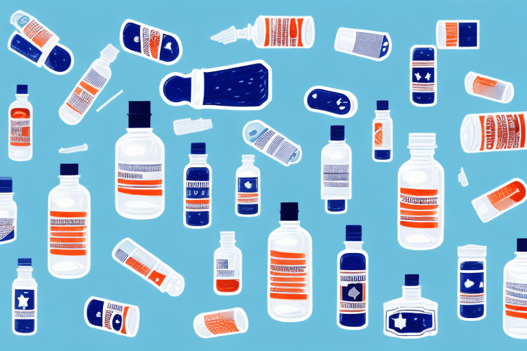 A variety of over-the-counter medicine bottles with a dog silhouette in the background