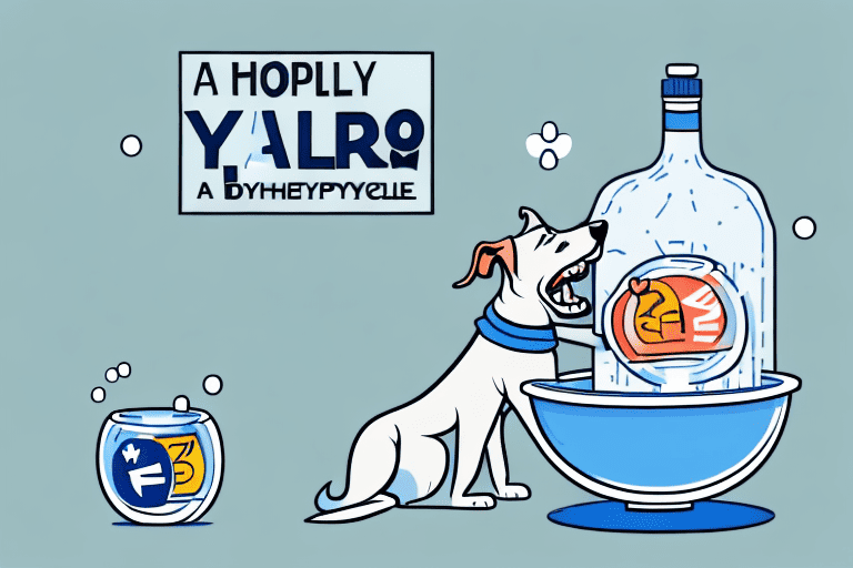 A dog happily drinking from a bowl labeled with a check mark